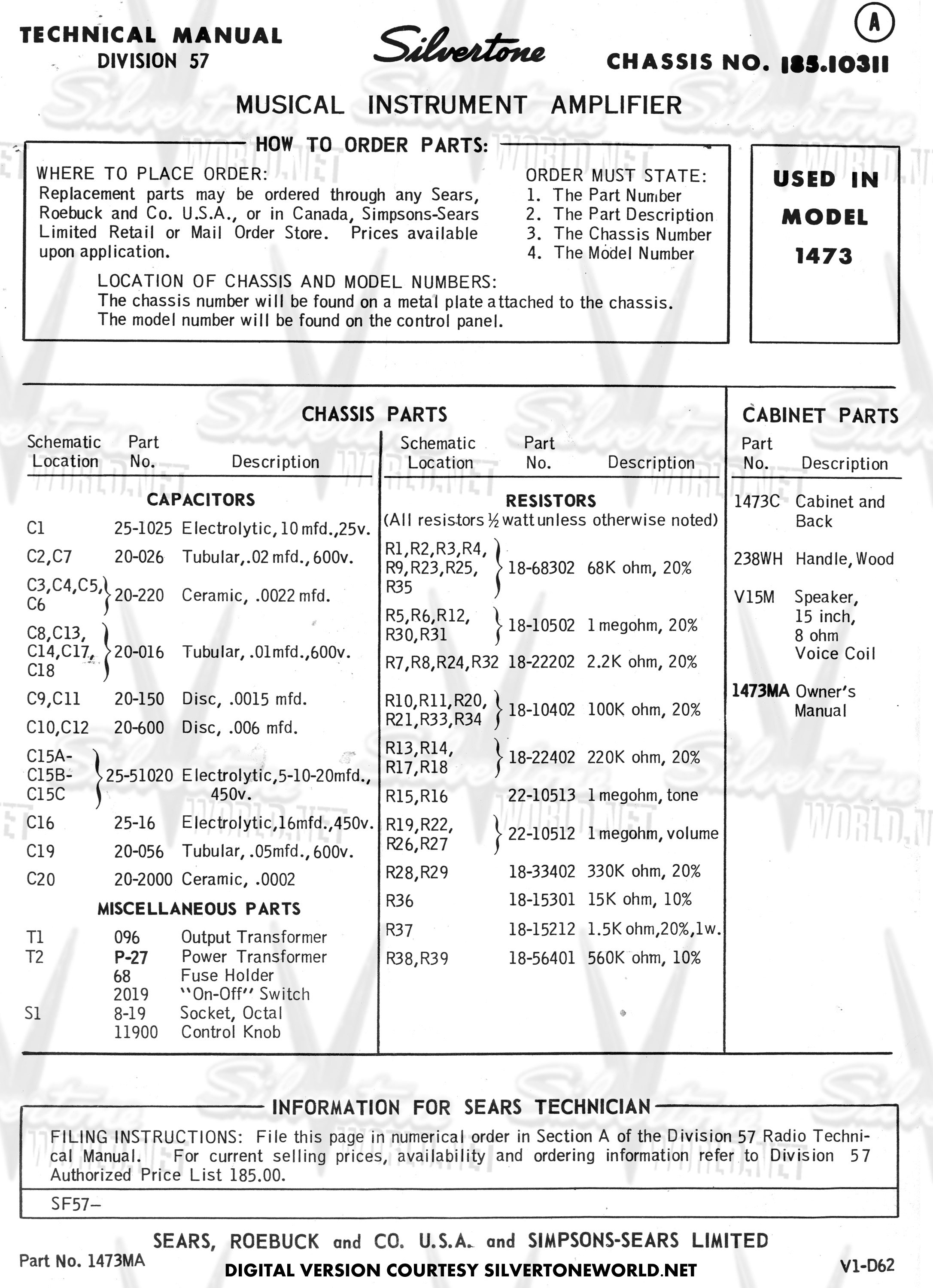 Silvertone World - Division 57 - Schematics, Manuals and ... silvertone 1457 wiring diagram 